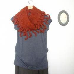 Savages, crochet fringe infinity scarf, loop scarf, cowl in cinnamon
